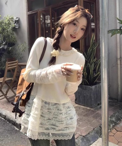 AsheKsha（アシクシャ）の「レースのシンプルなラウンドネック・ルーズフィット長袖トップス（Tシャツ/カットソー・レディース・ベージュ・M）」の5枚目の写真