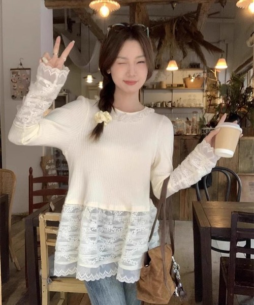 AsheKsha（アシクシャ）の「レースのシンプルなラウンドネック・ルーズフィット長袖トップス（Tシャツ/カットソー・レディース・ベージュ・M）」の6枚目の写真