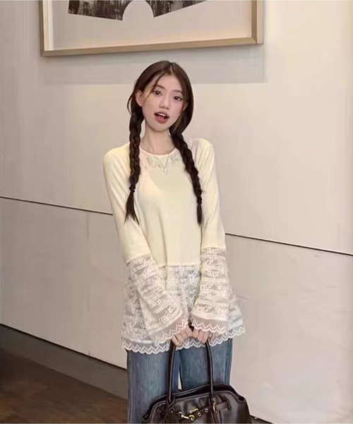 AsheKsha（アシクシャ）の「レースのシンプルなラウンドネック・ルーズフィット長袖トップス（Tシャツ/カットソー・レディース・ベージュ・M）」の7枚目の写真