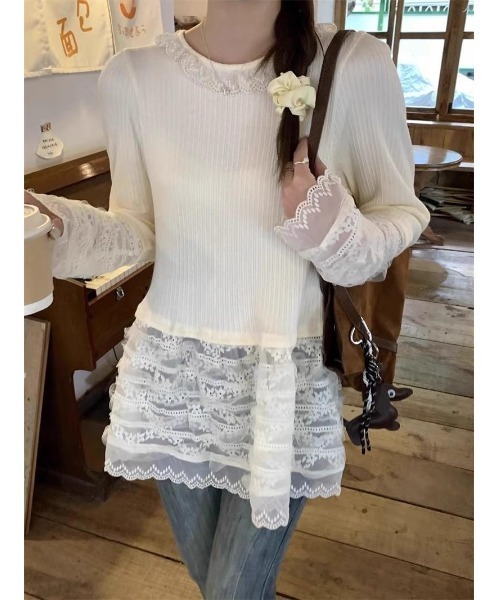 AsheKsha（アシクシャ）の「レースのシンプルなラウンドネック・ルーズフィット長袖トップス（Tシャツ/カットソー・レディース・ベージュ・M）」の9枚目の写真