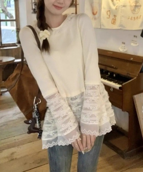 AsheKsha（アシクシャ）の「レースのシンプルなラウンドネック・ルーズフィット長袖トップス（Tシャツ/カットソー・レディース・ベージュ・M）」の10枚目の写真