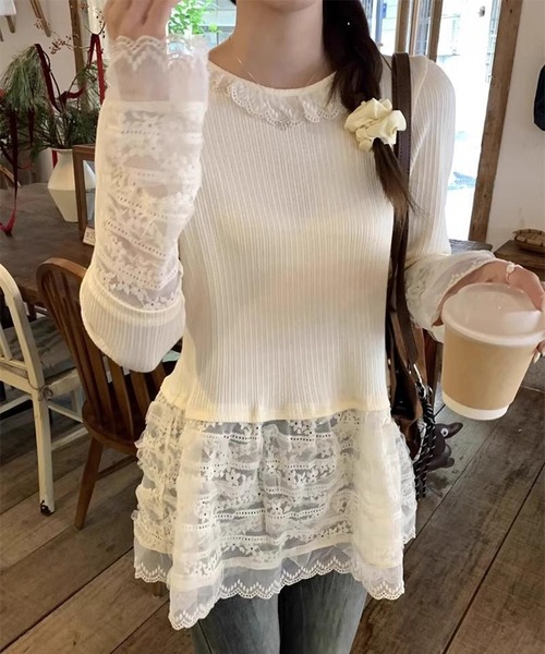 AsheKsha（アシクシャ）の「レースのシンプルなラウンドネック・ルーズフィット長袖トップス（Tシャツ/カットソー・レディース・ベージュ・M）」の11枚目の写真