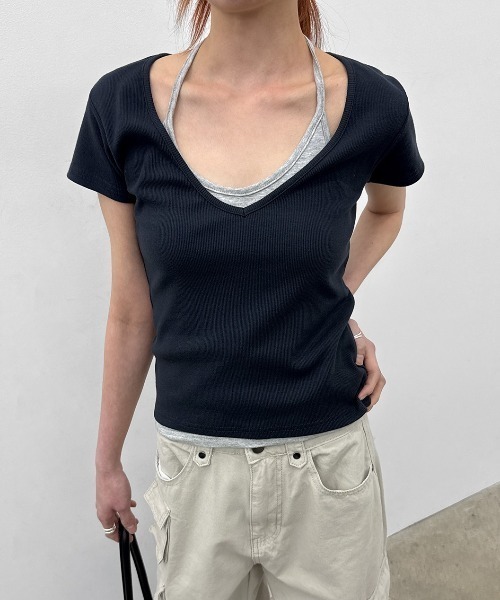 BLACKUP（ブラックアップ）の「[MADE] ダーツビーディープVネック半袖Tシャツ（Tシャツ/カットソー・レディース・ブルーグリーン/ブラック/ネイビー/グレー/クリーム・FREE）」の7枚目の写真