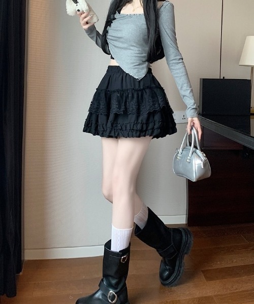 pyornim(ピョルニム)の「フラワーレース ティアードフリルミニスカパン(スカート・レディース・ホワイト/ブラック・F)」の8枚目の写真