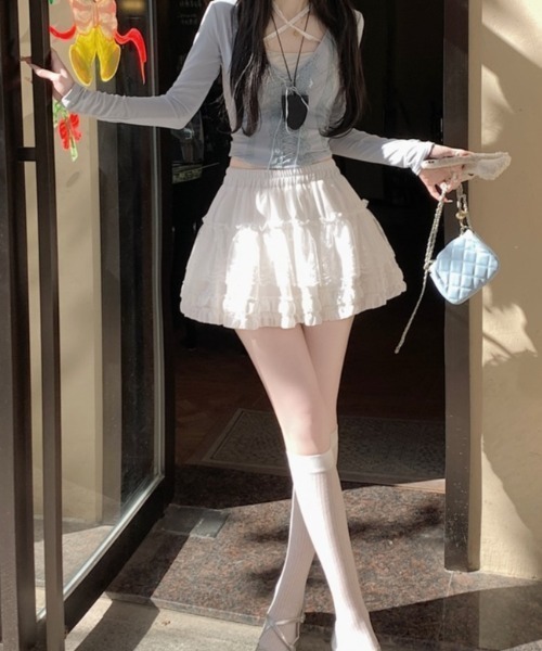 pyornim(ピョルニム)の「フラワーレース ティアードフリルミニスカパン(スカート・レディース・ホワイト/ブラック・F)」の10枚目の写真