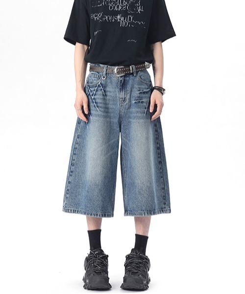 neos(ネオス)の「【neos】ユニセックス ハイブリーチ ウォッシュ ルーズ ハーフ ワイド デニム パンツ メンズ レディース(デニムパンツ・メンズ・ブルー/ブラック・MEDIUM/LARGE/X-LARGE)」の14枚目の写真