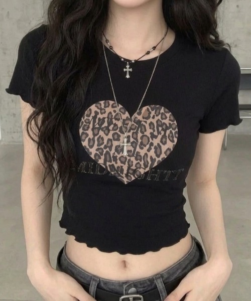 Teem Store(チームストア)の「レオパードハート コンパクトフリルTシャツ(Tシャツ/カットソー・レディース・ホワイト/モカ/ブラック・F)」の2枚目の写真