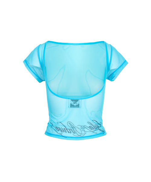 GILAARCHIVE（ギラアーカイブ）の「LETTERING LOGO BACKLESS SHEER CROP TOP_BLUE（Tシャツ/カットソー・レディース・その他・FREE）」の7枚目の写真