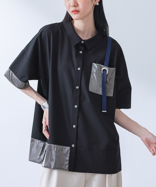 kOhAKU（コハク）の「異素材配色ハトメポケットシャツ（シャツ/ブラウス・レディース・ブラック/オフホワイト・FREE）」の2枚目の写真