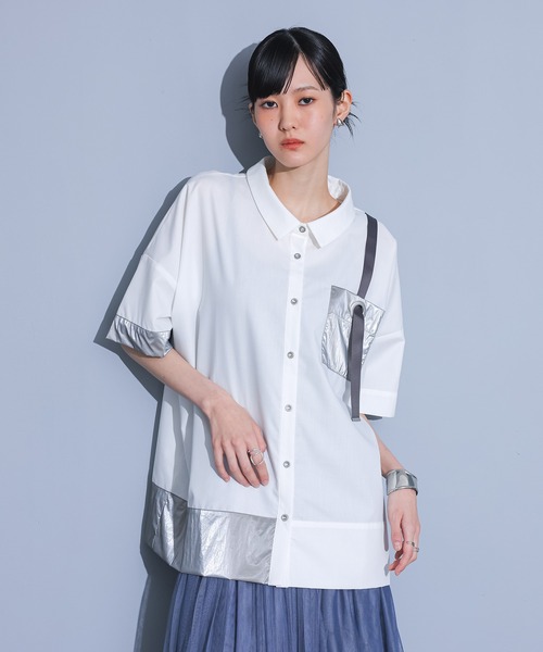 kOhAKU（コハク）の「異素材配色ハトメポケットシャツ（シャツ/ブラウス・レディース・ブラック/オフホワイト・FREE）」の7枚目の写真