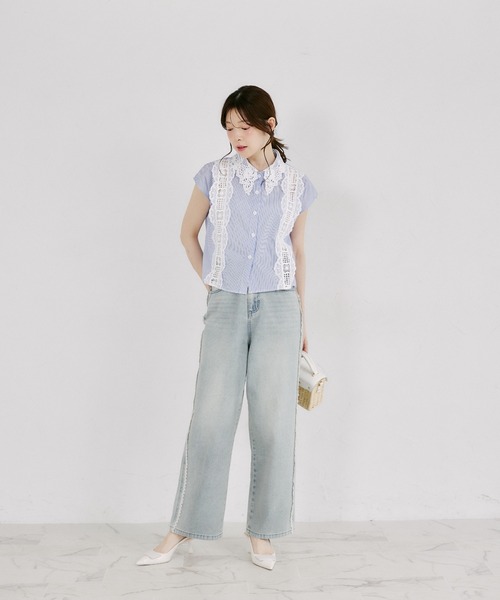 tocco closet（トッコ　クローゼット）の「【ZOZO限定】フラワーレース襟ノースリブラウス（シャツ/ブラウス・レディース・ブラック/ストライプ/ホワイト・M）」の15枚目の写真