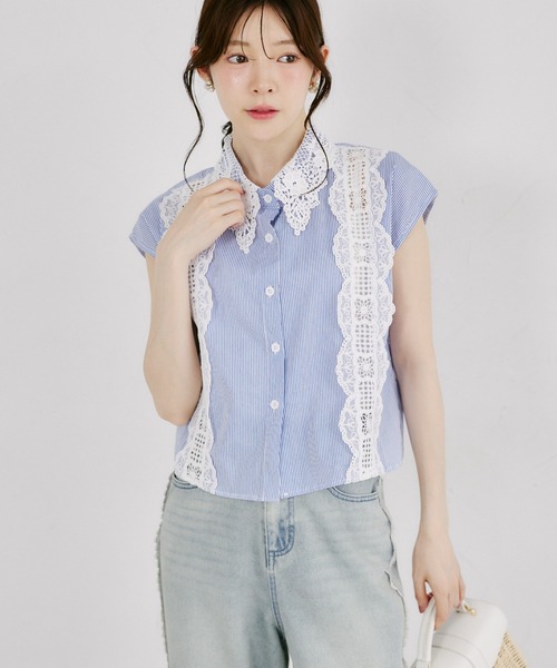 tocco closet（トッコ　クローゼット）の「【ZOZO限定】フラワーレース襟ノースリブラウス（シャツ/ブラウス・レディース・ブラック/ストライプ/ホワイト・M）」の16枚目の写真