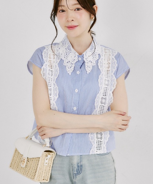 tocco closet（トッコ　クローゼット）の「【ZOZO限定】フラワーレース襟ノースリブラウス（シャツ/ブラウス・レディース・ブラック/ストライプ/ホワイト・M）」の17枚目の写真