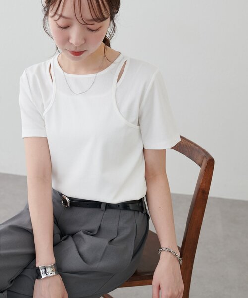 DISCOAT(ディスコート)の「【WEB限定】カットアウトレイヤードTシャツ(Tシャツ/カットソー・レディース・イエロー/ブラウン/オフホワイト・MEDIUM)」の2枚目の写真