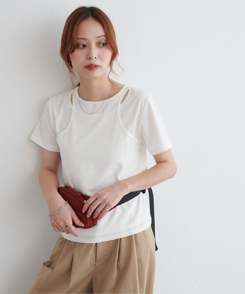DISCOAT(ディスコート)の「【WEB限定】カットアウトレイヤードTシャツ(Tシャツ/カットソー・レディース・イエロー/ブラウン/オフホワイト・MEDIUM)」の6枚目の写真