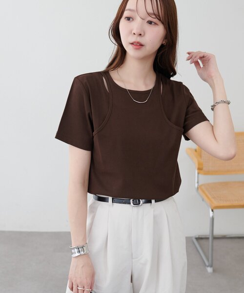 DISCOAT(ディスコート)の「【WEB限定】カットアウトレイヤードTシャツ(Tシャツ/カットソー・レディース・イエロー/ブラウン/オフホワイト・MEDIUM)」の10枚目の写真