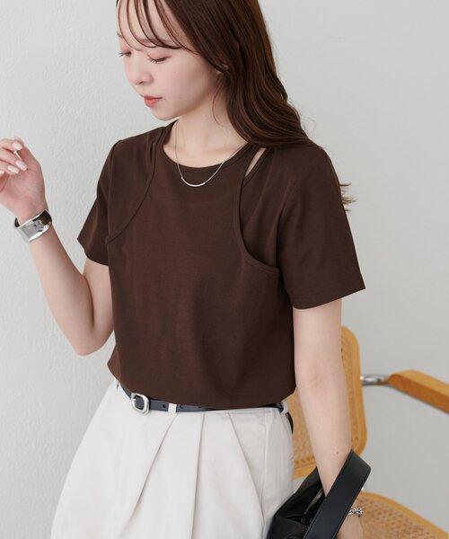 DISCOAT(ディスコート)の「【WEB限定】カットアウトレイヤードTシャツ(Tシャツ/カットソー・レディース・イエロー/ブラウン/オフホワイト・MEDIUM)」の11枚目の写真