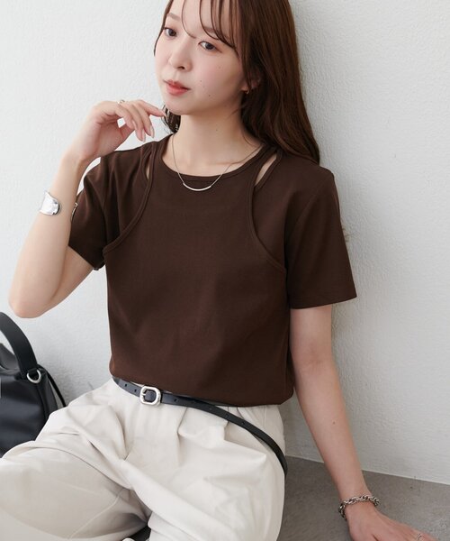 DISCOAT(ディスコート)の「【WEB限定】カットアウトレイヤードTシャツ(Tシャツ/カットソー・レディース・イエロー/ブラウン/オフホワイト・MEDIUM)」の13枚目の写真