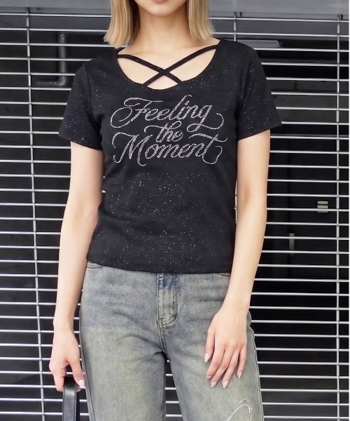 FUN(ファン)の「ラメストーンクロスプルオーバー(Tシャツ/カットソー・レディース・グレー/ブラック/オフホワイト・FREE)」の3枚目の写真