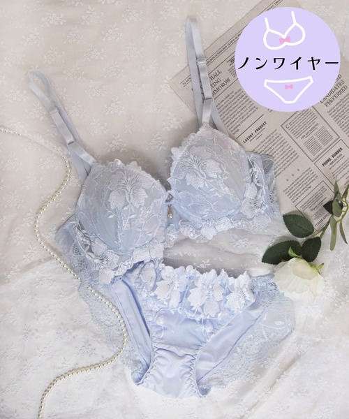 【ノンワイヤー/ラクして整う！ストレスフリーで上品なフィット感♪】上下セット/M-LL/脇高贅沢フラワー刺繍