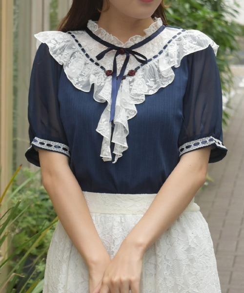 axes femme（アクシーズファム）の「ローズ×レースレイヤードプルオーバー（Tシャツ/カットソー・レディース・キナリ/グリーン/ネイビー・FREE）」の12枚目の写真