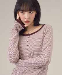 配色ヘンリーリンガー長袖トップス