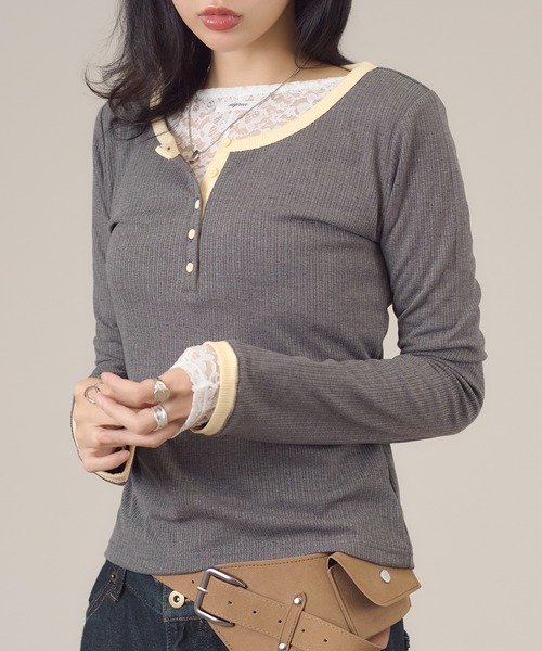 apres jour mignon(アプレジュールミニョン)の「配色ヘンリーリンガー長袖トップス(Tシャツ/カットソー・レディース・イエロー/チャコールグレー/ブルー系その他/ブルー/ピンク・LARGE/フリー)」の2枚目の写真