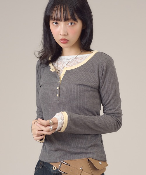 apres jour mignon(アプレジュールミニョン)の「配色ヘンリーリンガー長袖トップス(Tシャツ/カットソー・レディース・イエロー/チャコールグレー/ブルー系その他/ブルー/ピンク・LARGE/フリー)」の10枚目の写真