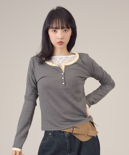 apres jour mignon(アプレジュールミニョン)の「配色ヘンリーリンガー長袖トップス(Tシャツ/カットソー・レディース・イエロー/チャコールグレー/ブルー系その他/ブルー/ピンク・LARGE/フリー)」の11枚目の写真