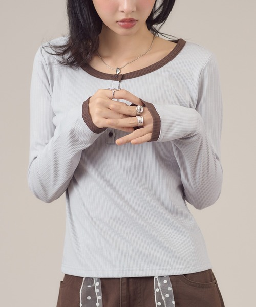 apres jour mignon(アプレジュールミニョン)の「配色ヘンリーリンガー長袖トップス(Tシャツ/カットソー・レディース・イエロー/チャコールグレー/ブルー系その他/ブルー/ピンク・LARGE/フリー)」の17枚目の写真