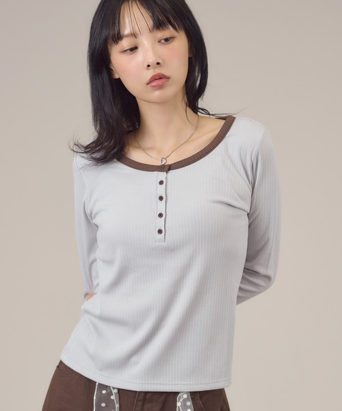 apres jour mignon(アプレジュールミニョン)の「配色ヘンリーリンガー長袖トップス(Tシャツ/カットソー・レディース・イエロー/チャコールグレー/ブルー系その他/ブルー/ピンク・LARGE/フリー)」の16枚目の写真