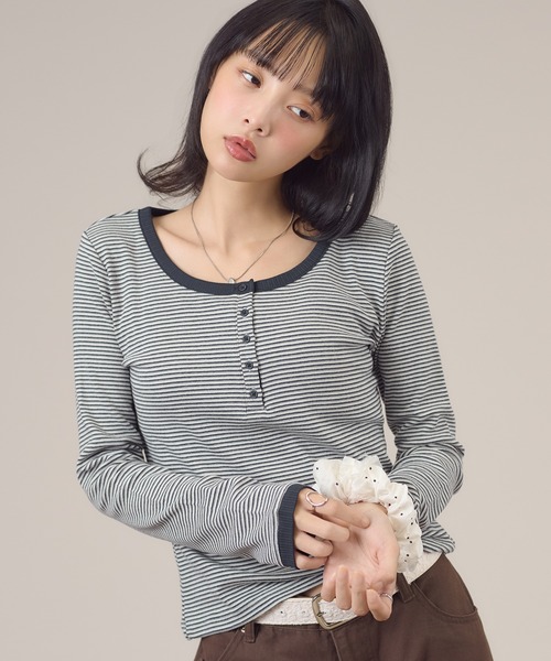 apres jour mignon(アプレジュールミニョン)の「配色ヘンリーリンガー長袖トップス(Tシャツ/カットソー・レディース・イエロー/チャコールグレー/ブルー系その他/ブルー/ピンク・LARGE/フリー)」の22枚目の写真