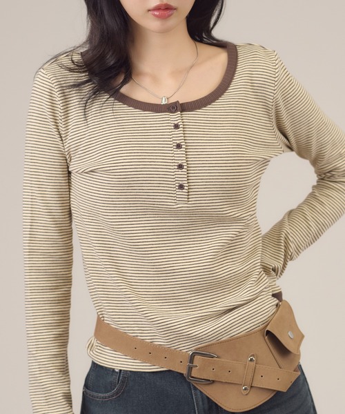 apres jour mignon(アプレジュールミニョン)の「配色ヘンリーリンガー長袖トップス(Tシャツ/カットソー・レディース・イエロー/チャコールグレー/ブルー系その他/ブルー/ピンク・LARGE/フリー)」の8枚目の写真