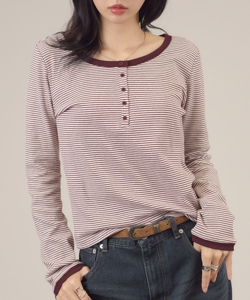apres jour mignon(アプレジュールミニョン)の「配色ヘンリーリンガー長袖トップス(Tシャツ/カットソー・レディース・イエロー/チャコールグレー/ブルー系その他/ブルー/ピンク・LARGE/フリー)」の9枚目の写真