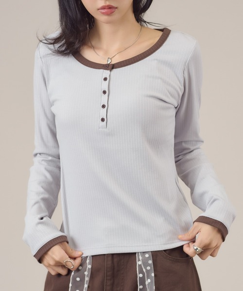 apres jour mignon(アプレジュールミニョン)の「配色ヘンリーリンガー長袖トップス(Tシャツ/カットソー・レディース・イエロー/チャコールグレー/ブルー系その他/ブルー/ピンク・LARGE/フリー)」の6枚目の写真