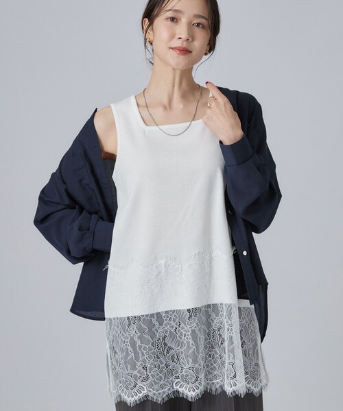 SHOO・LA・RUE(シューラルー)の「【前後2WAY/洗濯機可】レイヤードの幅広がる 旬顔裾レースタンクトップ(タンクトップ・レディース・ホワイト/ブラック・03/02)」の1枚目の写真