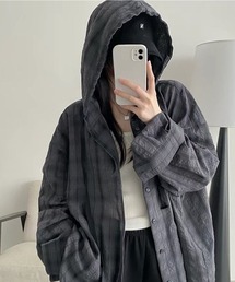 ドロップショルダー チェックフードシャツ