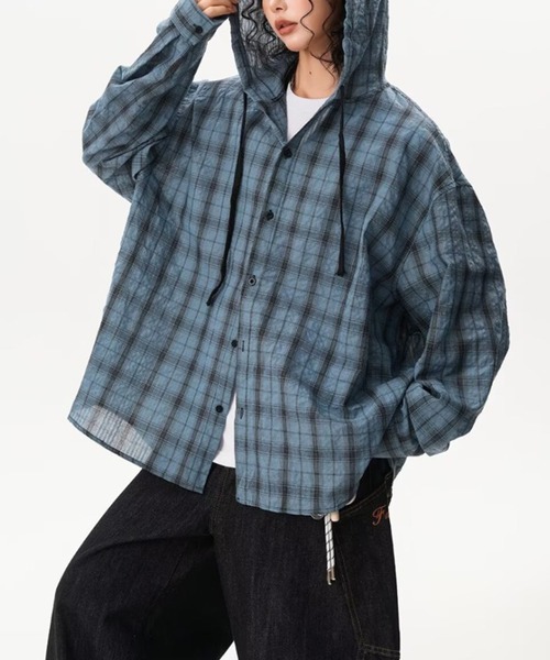 shyam inspiration(シャムインスピレーション)の「ドロップショルダー チェックフードシャツ(シャツ/ブラウス・レディース・チャコールグレー/ホワイト/ブルー/ブラウン・F)」の22枚目の写真