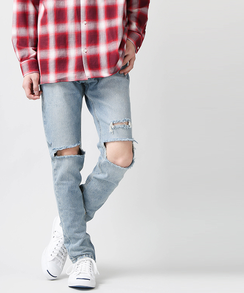 WEGO(ウィゴー)の「WEGO/クラッシュZIPスキニーデニム(デニムパンツ・メンズ・ライトインディゴブルー・LARGE/MEDIUM)」の14枚目の写真