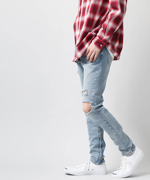 WEGO(ウィゴー)の「WEGO/クラッシュZIPスキニーデニム(デニムパンツ・メンズ・ライトインディゴブルー・LARGE/MEDIUM)」の15枚目の写真