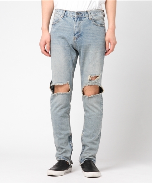 WEGO(ウィゴー)の「WEGO/クラッシュZIPスキニーデニム(デニムパンツ・メンズ・ライトインディゴブルー・LARGE/MEDIUM)」の4枚目の写真