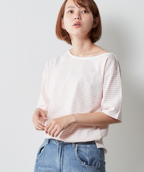 cepo（セポ）の「アシメネックボーダーショートスリーブ（Tシャツ/カットソー・レディース・ピンク系その他3/イエロー系その他3/ネイビー/ベージュ系その他3・M）」の4枚目の写真