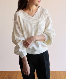 Vネックオフショルダーケーブルニットトップス