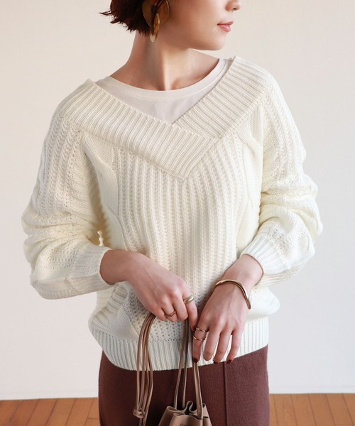 Vネックオフショルダーケーブルニットトップス（ニット/セーター