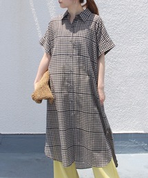 INCEDE | [洗える][リネン混] ストライプ/チェック柄 シアーシャツワンピース【大きいサイズ対応】(シャツワンピース)