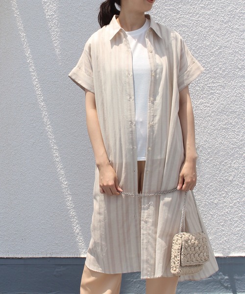 INCEDE（インシード）の「[洗える][リネン混] ストライプ/チェック柄 シアーシャツワンピース【大きいサイズ対応】（シャツワンピース・レディース・ベージュ/ネイビー・LL/3L/4L/M/L）」の3枚目の写真