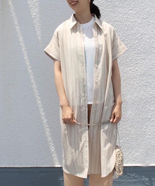 INCEDE（インシード）の「[洗える][リネン混] ストライプ/チェック柄 シアーシャツワンピース【大きいサイズ対応】（シャツワンピース・レディース・ベージュ/ネイビー・LL/3L/4L/M/L）」の18枚目の写真