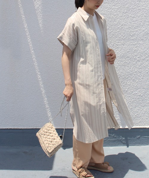 INCEDE（インシード）の「[洗える][リネン混] ストライプ/チェック柄 シアーシャツワンピース【大きいサイズ対応】（シャツワンピース・レディース・ベージュ/ネイビー・LL/3L/4L/M/L）」の9枚目の写真