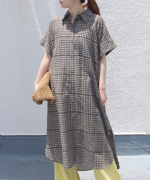 INCEDE（インシード）の「[洗える][リネン混] ストライプ/チェック柄 シアーシャツワンピース【大きいサイズ対応】（シャツワンピース・レディース・ベージュ/ネイビー・LL/3L/4L/M/L）」の8枚目の写真