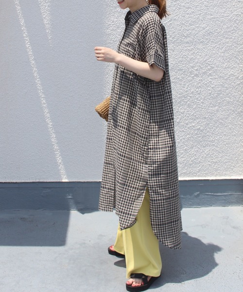 INCEDE（インシード）の「[洗える][リネン混] ストライプ/チェック柄 シアーシャツワンピース【大きいサイズ対応】（シャツワンピース・レディース・ベージュ/ネイビー・LL/3L/4L/M/L）」の14枚目の写真